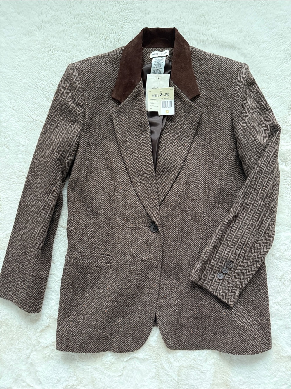 Vintage 90s White Stag Blazer Womens 12 NWT Wool Herringbone Pig Suede Collar